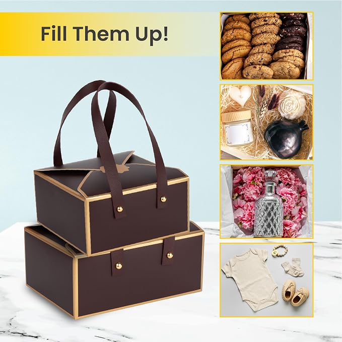 Hammont Cookie Boxes for Gift Giving - 4 Pack of Bakery Boxes, Easy to Assemble Decorative Cardboard Luxury Box with Faux Leather Handle Jewelry, Chocolate and Candy 5x7x3 Inches (Maroon) (HM1780)