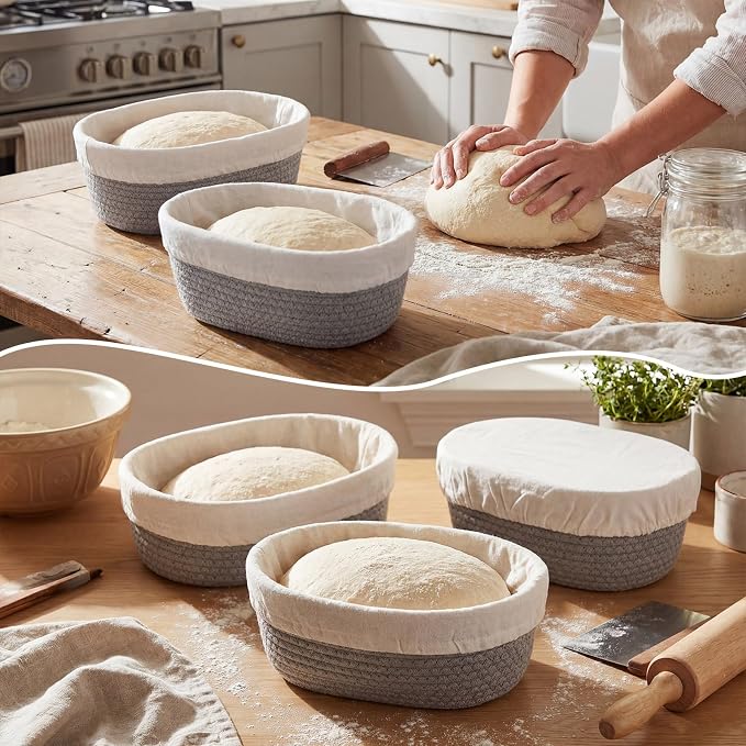 4 Pcs 10 Inch Bread Proofing Basket Set Cotton Rope Oval Banneton Basket Sourdough Bread with Liners Covers for Baking Supplies (Gray)