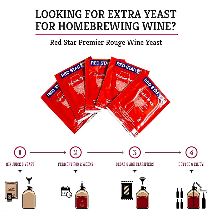 Craft A Brew - Red Star Premier Rouge Wine Yeast - Dry Wine Yeast - For Full-Bodied, Aromatic Red Wines - Ingredients for Home Fermenting - Wine Making Supplies - 5 Pack