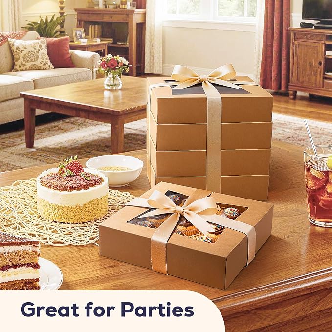Fit Meal Prep [25 Pack] Pie Boxes With Window 10x10x2.5 Kraft Pastry Boxes Auto-Popup Cardboard Gift Packaging for Cupcake, Cookies Treat Box for Party, Christmas, Valentines Day