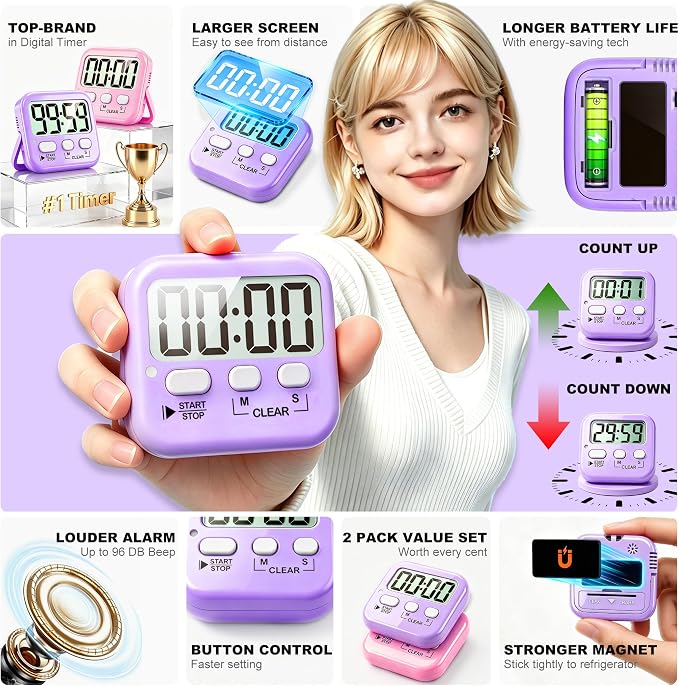 Antonki 2 Pack Digital Timer for Kids, Magnetic Countdown Kitchen Timers for Cooking, Egg, Classroom, Teacher, Exercise, Study, Oven - Battery Included