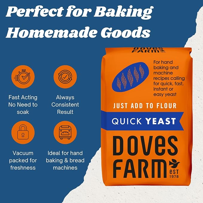 Doves Farm Quick Yeast 4.41 oz (Pack of 8) - Fast Acting Gluten Free Yeast for Baking Bread, Pizza Dough, Rolls | For Hand Baking and Bread Machine | Quick, Fast, Instant, Rapid Rise Leavening Agent