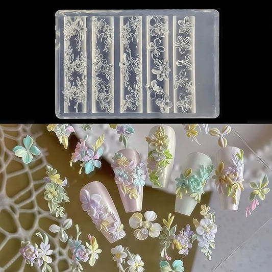 Flower Nail Art Silicone Mold, 3D Floral Nail Charms Mold with Leaves & Vine Designs, Flexible Reusable Silicone Mold for Acrylic Gel Resin Nail Decoration, DIY Nail Accessories