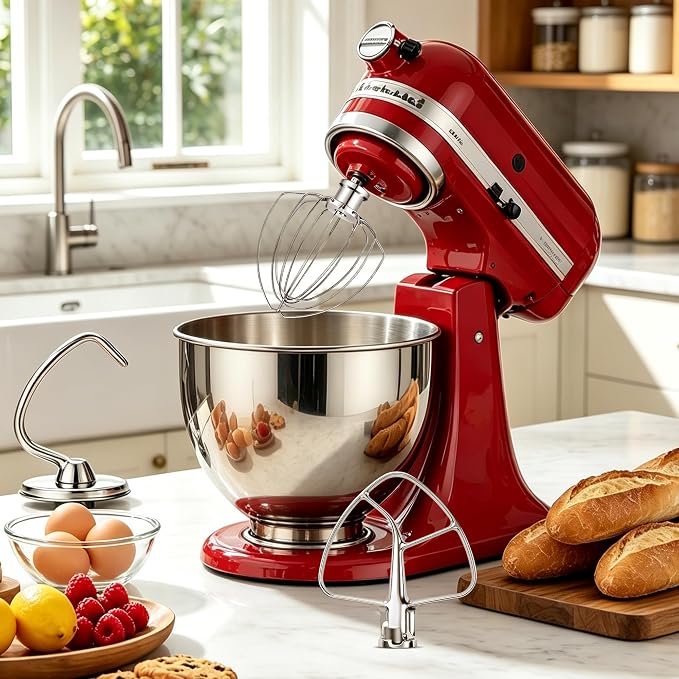 3Pcs Stainless Steel Accessories for KitchenAid 4.5-5 Qt Tilt-Head Stand Mixer, Heavy Duty K45 Whisk, Classic Flat Beater and Dough Hook Set for Artisan, Classic, KSM150, Dishwasher Safe