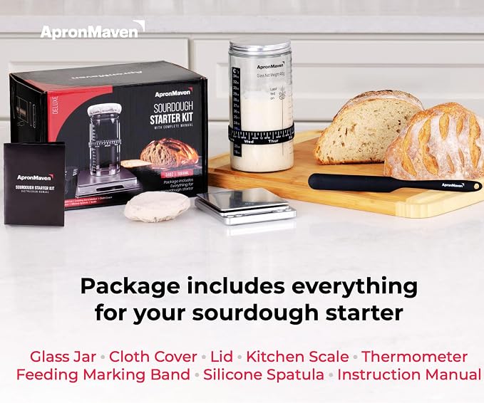 Complete Sourdough Starter Kit – Glass Jar with Lid, Kitchen Scale and More | Useful Birthday Gifts for Women, Bakers, Mom, Wife Christmas Gift Idea | Make Homemade Artisan Bread | Care for Your Sourdough Starter