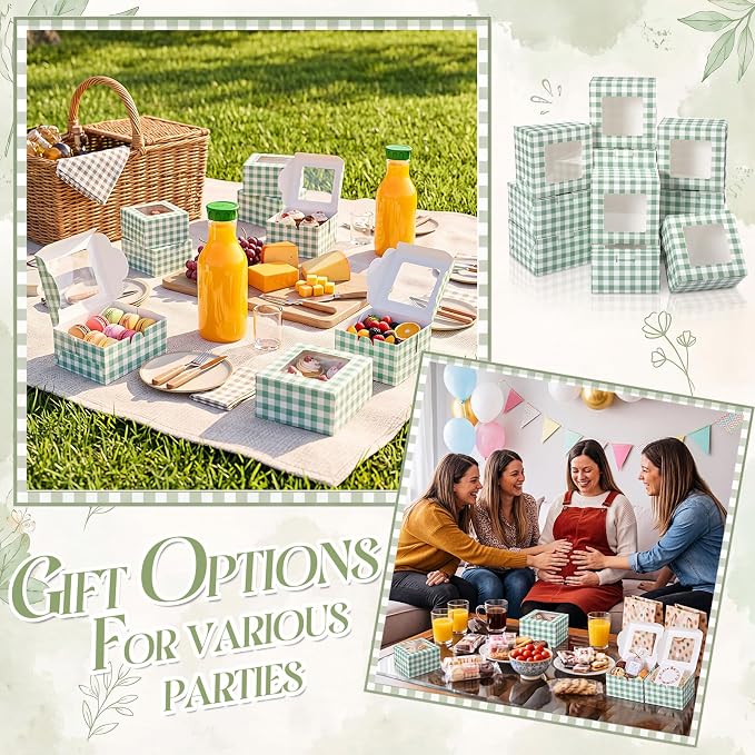 50 Pack Sage Green Gingham Cookie Boxes with Window, Plaid Small Bakery Treat Boxes for Pastry Donuts Macaroon Cupcakes, Wedding Bridal Shower Birthday Tea Party Baby Shower Favors