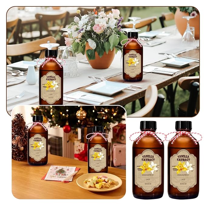 4 oz Amber Glass Boston Round Bottles, 8-Pack Empty Vanilla Extract Bottles with Caps for Gift Giving, Syrup, Sauce