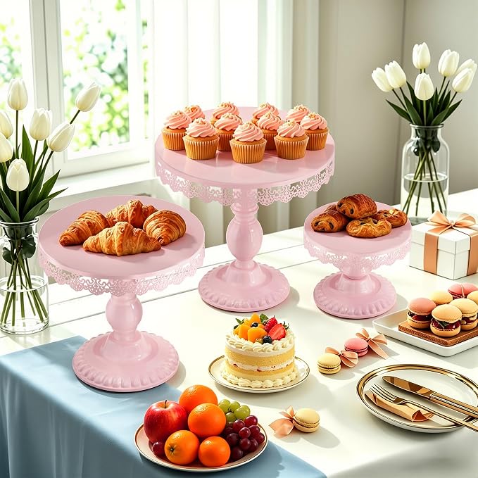 3 PCS Pink Cake Stands (8"&10"&12" Plate), Cupcake Stand with a lace Hollow Border Metal Cake Stand Set for Birthday Party, Wedding, Anniversary, Baby Shower