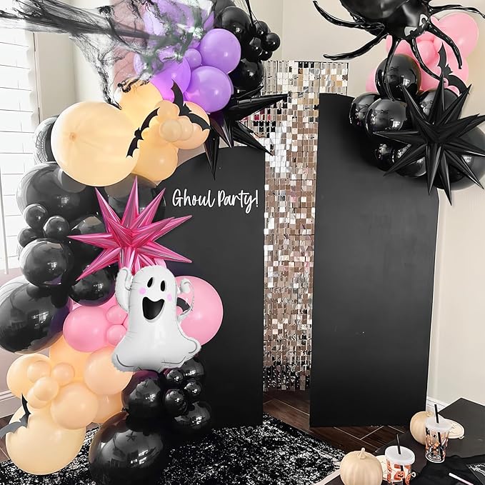 Pastel Halloween Balloon Arch Kit, Purple Pink Orange Black Balloons Garland with Cute Ghost Balloons Pink Explosion Star Foil Balloons for Girls Spooky Birthday Party BOO Halloween Party Decoration