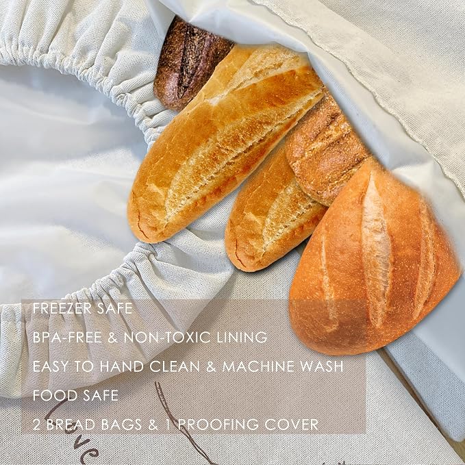 ‌2 Pack Reusable Linen Bread Bags for Homemade Sourdough - Eco-Friendly Storage with Proofing Bowl Cover | Baking Accessories & Sustainable Kitchen Essentials, Cream white