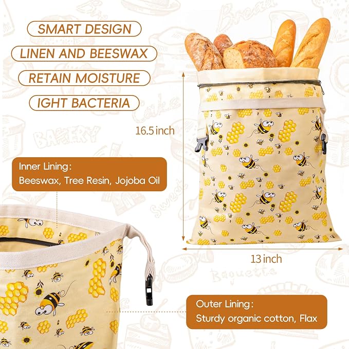 2 Pack Beeswax Bread Bags for Sourdough, Reusable Cotton Linen Bread Storage Bags for Homemade Bread, XL 17'' x 13'', Zipper Closure, Freezer Safe
