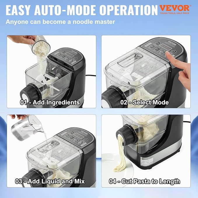 VEVOR Electric Pasta Maker, 150W Automatic Noodle Maker Machine with 8 Pasta Shapes, 4 Intelligent Modes, 500g Flour Capacity Pasta Maker Machine with Measuring Cups, Cleaning Brush for Home Kitchen