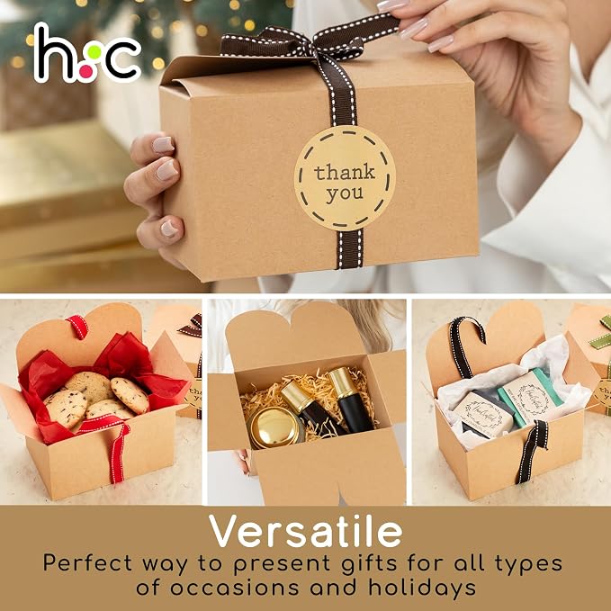 Brown Kraft Cookie Boxes with Ribbons & Stickers (20 Pack) 6.5” x 4” Small Cardboard Gift Boxes for Gift Giving, Baked Goods, Candy, Christmas, Decorative Food Packaging, Bakery Treats, Empty, Bulk