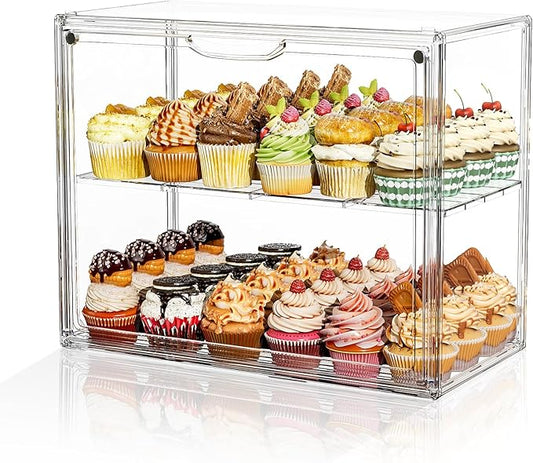 2 Tier Cupcake Stand Acrylic Cardboard Cupcake Tower Holder, Dessert Pastry Cookie Display Stand Case with Lid for Birthday Wedding Party Decoration, Large Adjustable Bread Box, XXXL