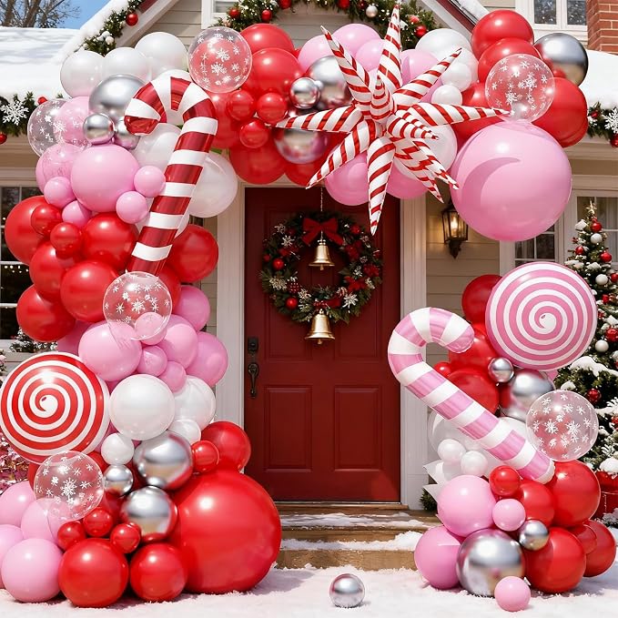 Christmas Balloon Arch Kit, 108 Pcs Xmas Snowflake Balloons, Red Pink Silver White Latex Balloons Candy Cane Foil Balloons for Xmas Baby Shower Winter Birthday Wonderland Christmas Party Decorations