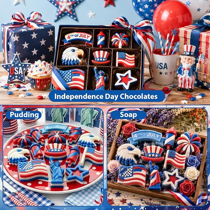 4th of July Silicone Molds 2 Pack Independence Day Chocolate Molds Patriotic Silicone Candy Mold Tray Statue of Liberty American Flag Eagle Stars Cake Decorating Jelly Ice Cubes Soap Baking