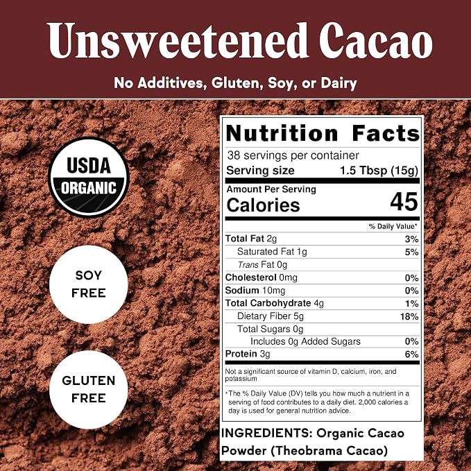 Raaka Organic Cacao Powder - Unsweetened, Non-Alkalized, 32oz Resealable Bag