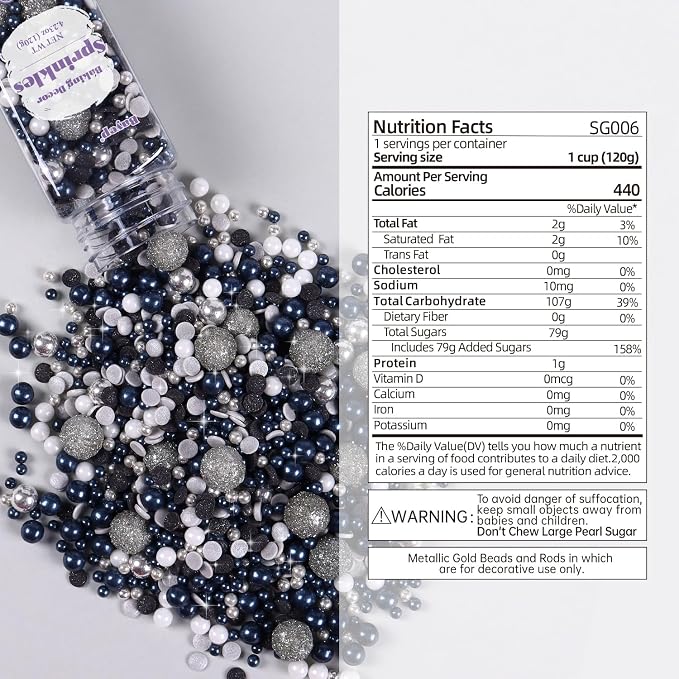 Black & Silver Sprinkles for Cake Decorating 4.23ounce - Sparkle Pearl Candy for Cupcake Toppers, Ice Cream, Candy, Cookie Decorations - Silver Sprinkles for Princess Bridal Shower Wedding Party