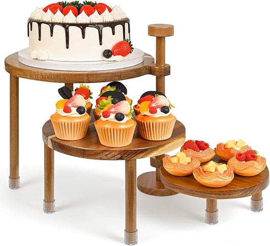 LOVYANXUE Acacia Wooden Cupcake Stand, 3 Tier Round Cake Stand 360° Rotatable Cupcake Tower with Tiered Serving Tray, Wood Dessert Table Display Set, Tiered Tray Stand for Party, Wedding (12/10/8 IN)