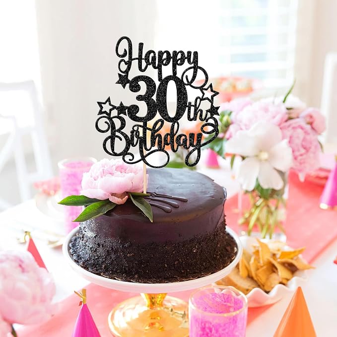 1 PCS Happy 30th Birthday Cake Topper Glitter Cheers to 30 Years Birthday Cake Pick Hello 30 Fabulous Cake Decoration for Happy 30th Birthday Anniversary Party Decorations Supplies Black