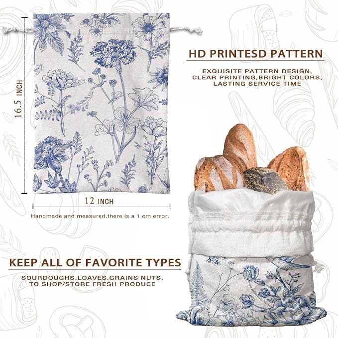 UTELKA Blue Linen Bread Bag for Sourdough Bread 2Pcs 16.5x12 | Chinoiserie Homemade Bread Bag, Baker Gifts, Reusable Linen Bag, Beeswax, Housewarming Gifts, Sourdough Bread Bag
