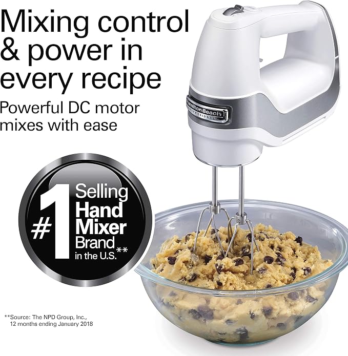 Hamilton Beach Professional 5-Speed Electric Hand Mixer with High-Performance DC Motor, Slow Start, Snap-On Storage Case, Stainless Steel Beaters & Whisk, White (62652)