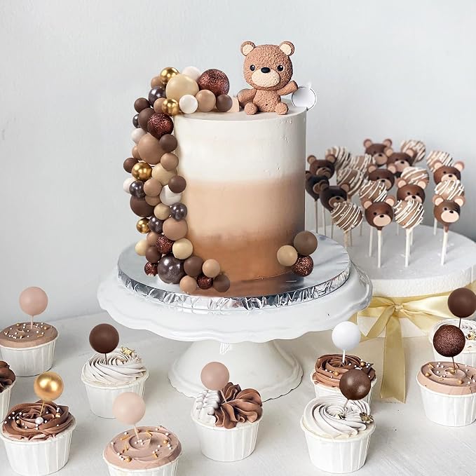 56 PCS Ball Cake Picks Colorful Ball Shaped Cake Topper Pearl Balls Cupcake Cake Insert Topper for Birthday Party Wedding Decoration Supplies Brown Series Seven Colors