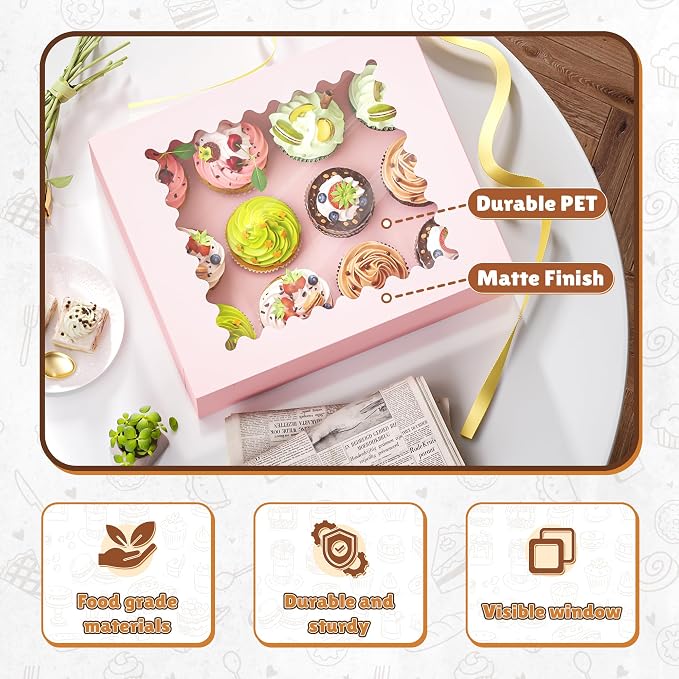 RYDDOY 12 Pack Cupcake Boxes, Hold 12 Standard Cupcakes, Pink Cupcake Containers, Cupcake Holder with Window and Inserts for Birthday Holiday Party, Supplies for Cupcakes, Desserts and More