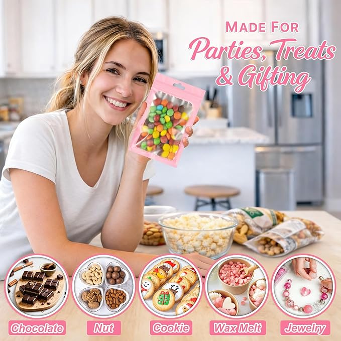 100 PCS Pink Resealable Mylar Bags with Zip and Frosted Clear Window Smell Proof Packaging Bags Foil Pouch Zip Bag for Food Self Sealing Storage Supplies 2.75×3.93