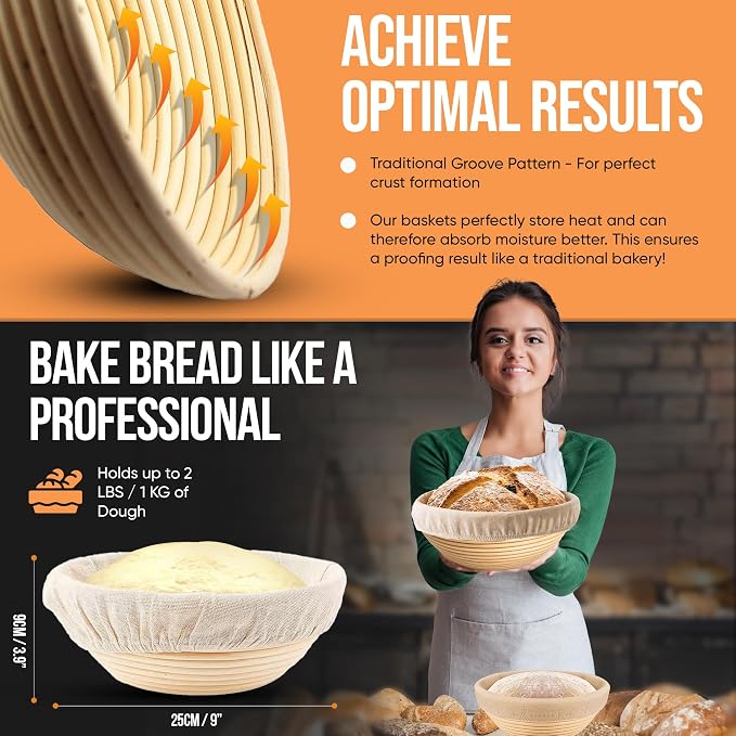 Banneton Bread Proofing Basket Set - Sourdough Bread Baking Supplies and tools, Round 9 Inch Bread Proofing Basket, Bread Lame, Dough Whisk, Metal and Plastic Scrapers, Flour Duster, Bread Making Kit