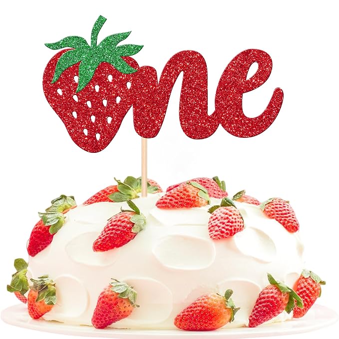 1 PCS Strawberry One Cake Topper Glitter First Birthday Sweet One Strawberry Cake Pick Berry 1st Birthday Cake Decoration for Strawberry Theme Baby Shower Kids 1st Birthday Party Supplies Red