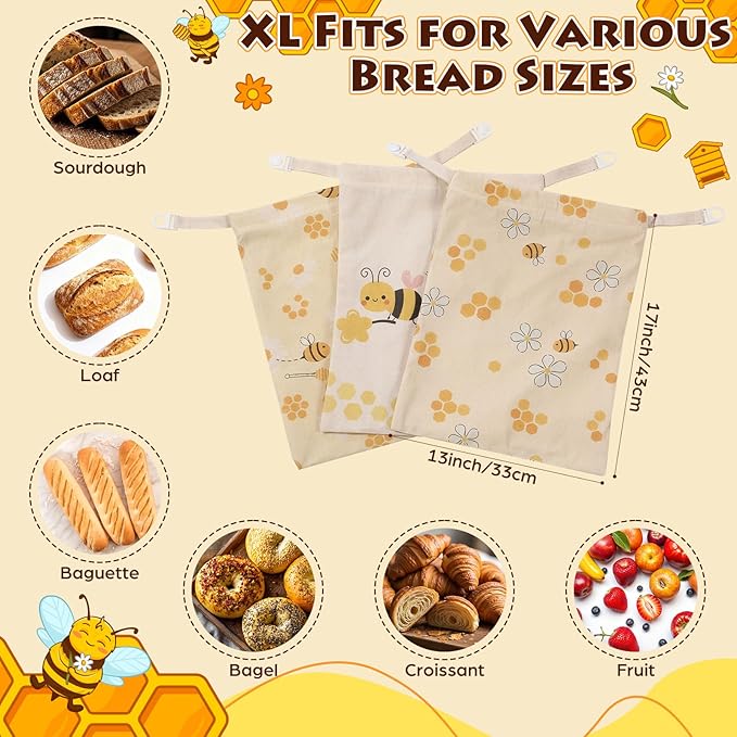 Tallew 3 Pack Beeswax Bread Bags for Sourdough & Homemade Bread 17 x 13'' XL Reusable Organic Linen Beeswax Wraps with Sealing Zip for Fresh Food Storage Loaf Freezer Baker (Bee Style)
