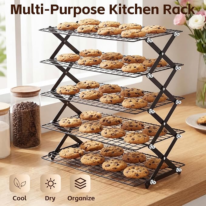 Timeet 5 Tier Upgraded Collapsible Cooling Rack with Adjustable 3 Setting Design, Stackable Baking Rack, Roasting Cooking Drying Wire Cooling Rack for Cookies Baking Roasting ＆ Grilling