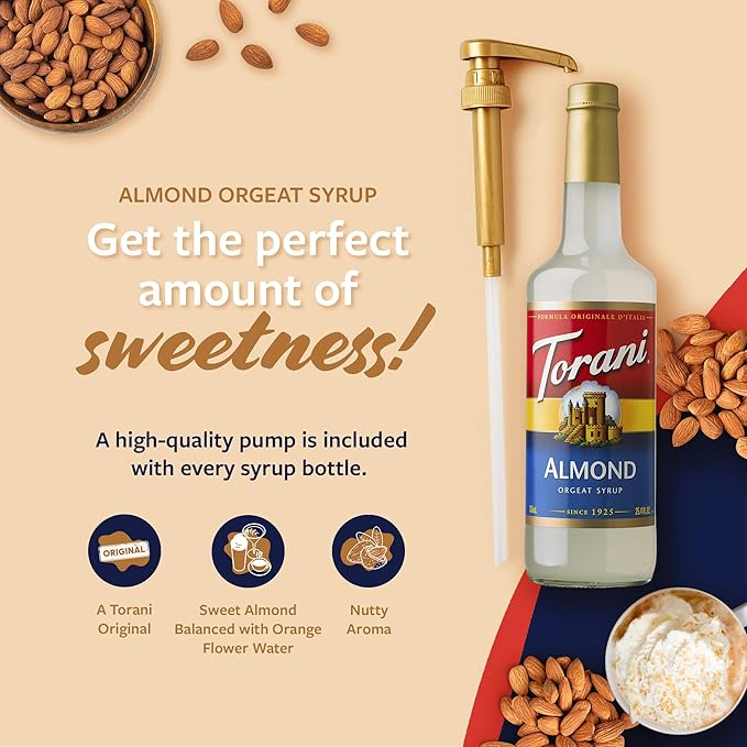 Torani Coffee Syrup, Almond Orgeat Flavored Syrup for Drinks, Glass Bottle 4-Pack, Pumps Included, 25.4 Oz Ea