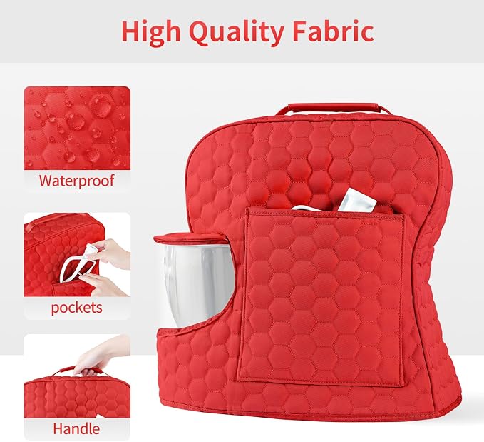 Stand Mixer Dust Cover Compatible with KitchenAid Mixer - Stand Mixer Cover Fits for 4.5/5 Quart, Storage Bag with 2 Pocket for Accessories and Attachments（Red, For 4.5- 5QT）