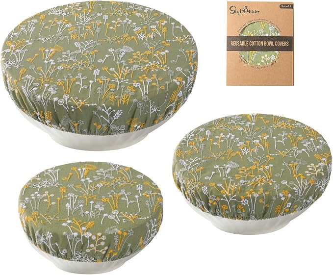 Reusable Bowl Covers for Bread Proofing Baking Embroidered Dandelion Linen Cotton Cloth Fabric Washable with Elastic Cover for Food Fruit Salad Eco-friendly