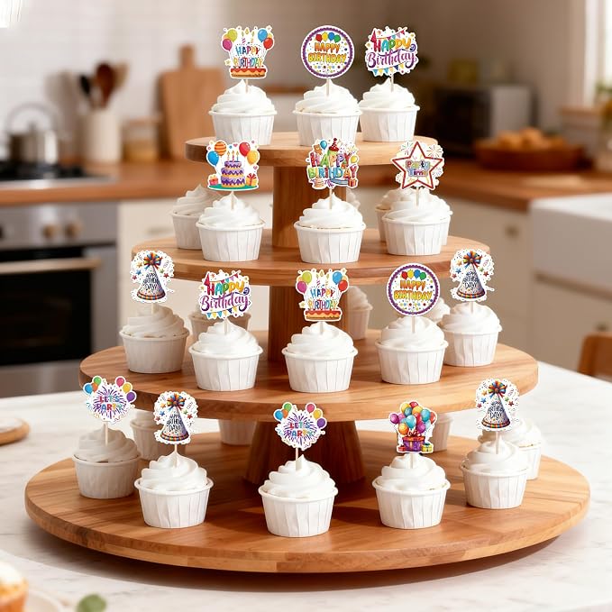 36 PCS Happy Birthday Cupcake Toppers Colorful Balloon Star Cheers Let's Party Time Firework Cupcake Pciks Happy Birthday Cake Decorations for Celebrating Anniversary Party Cake Decorations Supplies