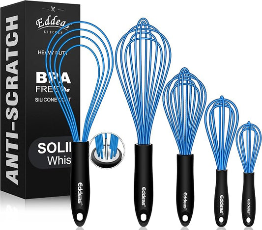 Eddeas Silicone Whisk, Non Scratch Whisk for Cooking, 5+7+9+11in Balloon Whisks, Suitable for Mixing, Blending. 11in Flat Whisks great for Ceramic Coated pans and Wider shallower pots. (Blue)