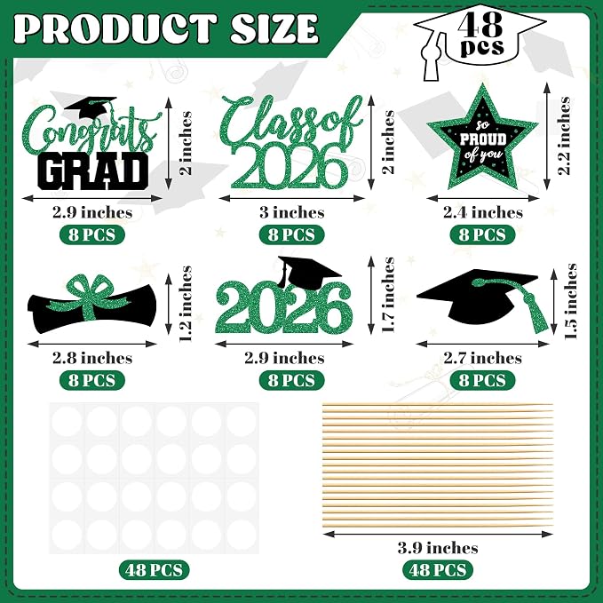 48 PCS Grad Cupcake Toppers, Glittery Congrats Graduation Cake Topper, 6 Styles Graduation Decorations, Black and Green Cap and Diploma Cake Picks for Class of 2026 Grad Party Decorations Supplies