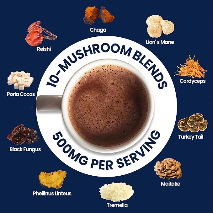 50 Servings Mushroom Hot Chocolate | 10 Mushrooms and Elderberry, Aloe Vera, Echinacea & Quercetin | Support Immunity, Gut & Stress Health | Cocoa Powder, No Melatonin | Vegan & Keto, Gluten-Free
