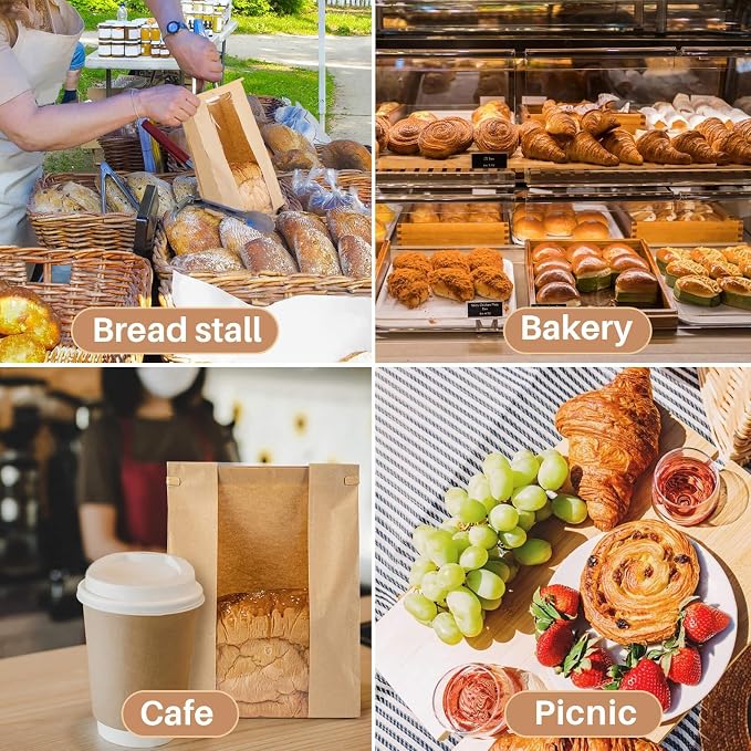 MAQIHAN 100Pcs Bread Bags with Reusable Ties - Homemade Sourdough Bread Storage Bags Brown Paper Bagel Loaf Bakery Bags with Window Toast Bags with Resealable Tie Disposable Baked Goods Sale Packaging