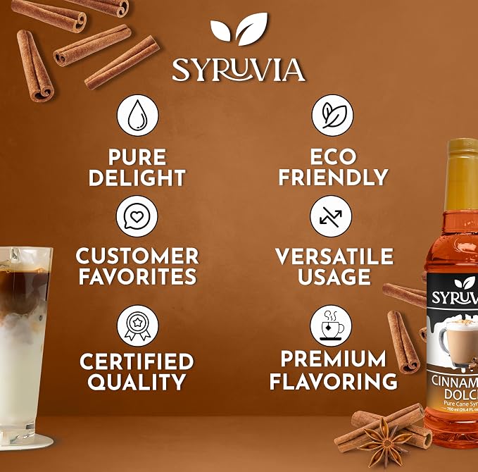 Syruvia Coffee Syrup, Cinnamon Dolce Flavored Syrup for Drinks, Lattes, and Desserts – 25.4 fl oz - with Pump