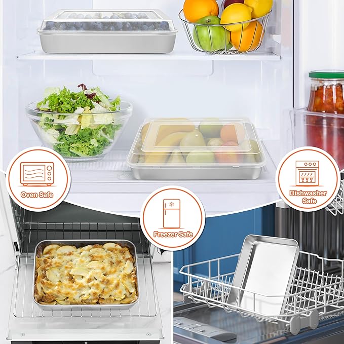 Herogo Baking Pan with Lid (2 Pans + 2 Lids), 7 x 9 Inch Stainless Steel Nonstick Deep Bakeware, Rectangle Cakes Bakeware for Brownies Casseroles, Non Toxic & Dishwasher Safe
