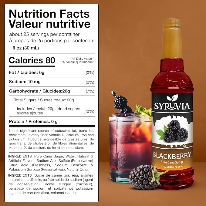 Syruvia Blackberry Syrup, Flavored Syrup for Drinks, Lemonades, Iced Teas, and Desserts – 25.4 fl oz - with Pump