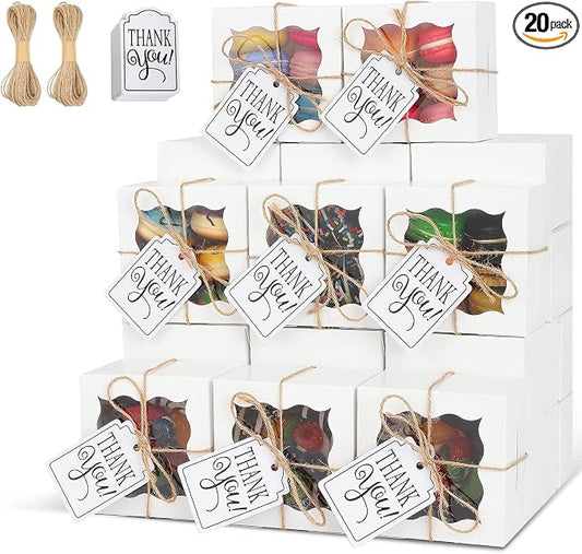 KPOSIYA 20 Pcs White Bakery Boxes with Window Individual Cupcake Boxes 4x4x2.5 Inches Cookie Boxes Kraft Paper Brown Gift Box for Pastries, Cookies, Pie, Donuts, Macaroon(White,20)