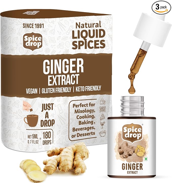 Spice Drop Pure Ginger Extract - Salad Dressing, Seasoning, Cooking, Baking, Tea, Coffee | Natural Immunity Booster | Premium Quality & Rich Aroma | Nigerian Dry Ginger Extract | No Added Color or Preservative | Non GMO | Vegan | 0.17 Oz x 3 Pack