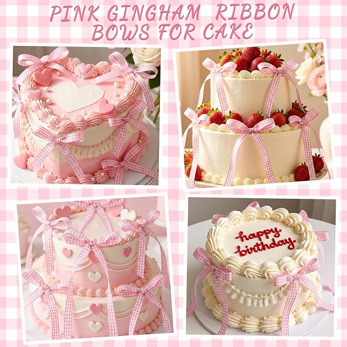 30 PCS Bow Cupcake Topper Pink Gingham Ribbon Bows for Cake Handmade Bow Birthday Decorations for Weddings, Baby Showers, Wedding, Engagements and Dessert Tables