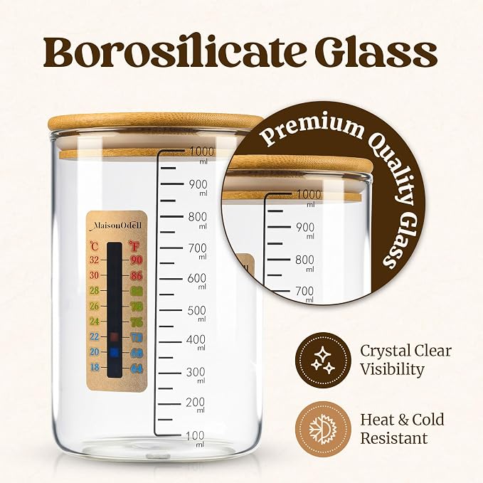Sourdough Starter Kit – 2 Fermentation Glass Jars with Lids, Linen Covers, Spatula and Thermometer