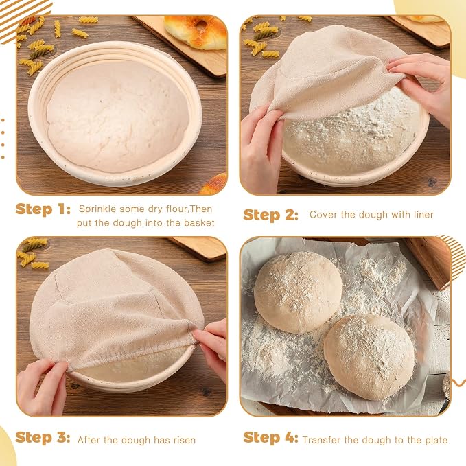 Nuogo 5 Pack Banneton Bread Proofing Basket 8.5 Inch Round Sourdough Proofing Basket Bowl with Liners and Scatters for Home Making Bread Bakers Baking
