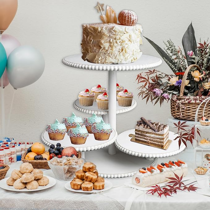 GENMOUS 4 Tiered Beaded Cake and Cupcake Stand Combo for Birthday Party Decor, Rustic Wooden Cupcake Tower Stands for 50 Cupcakes, White Cupcake Tier Stand Display for Wedding Baby Shower Tea Party